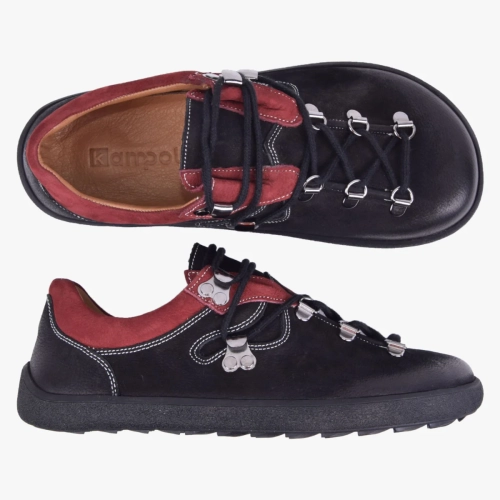 Buty trekkingowe barefoot szerokie skórzane damskie czarne z bordo Kampo l114 (6).webp